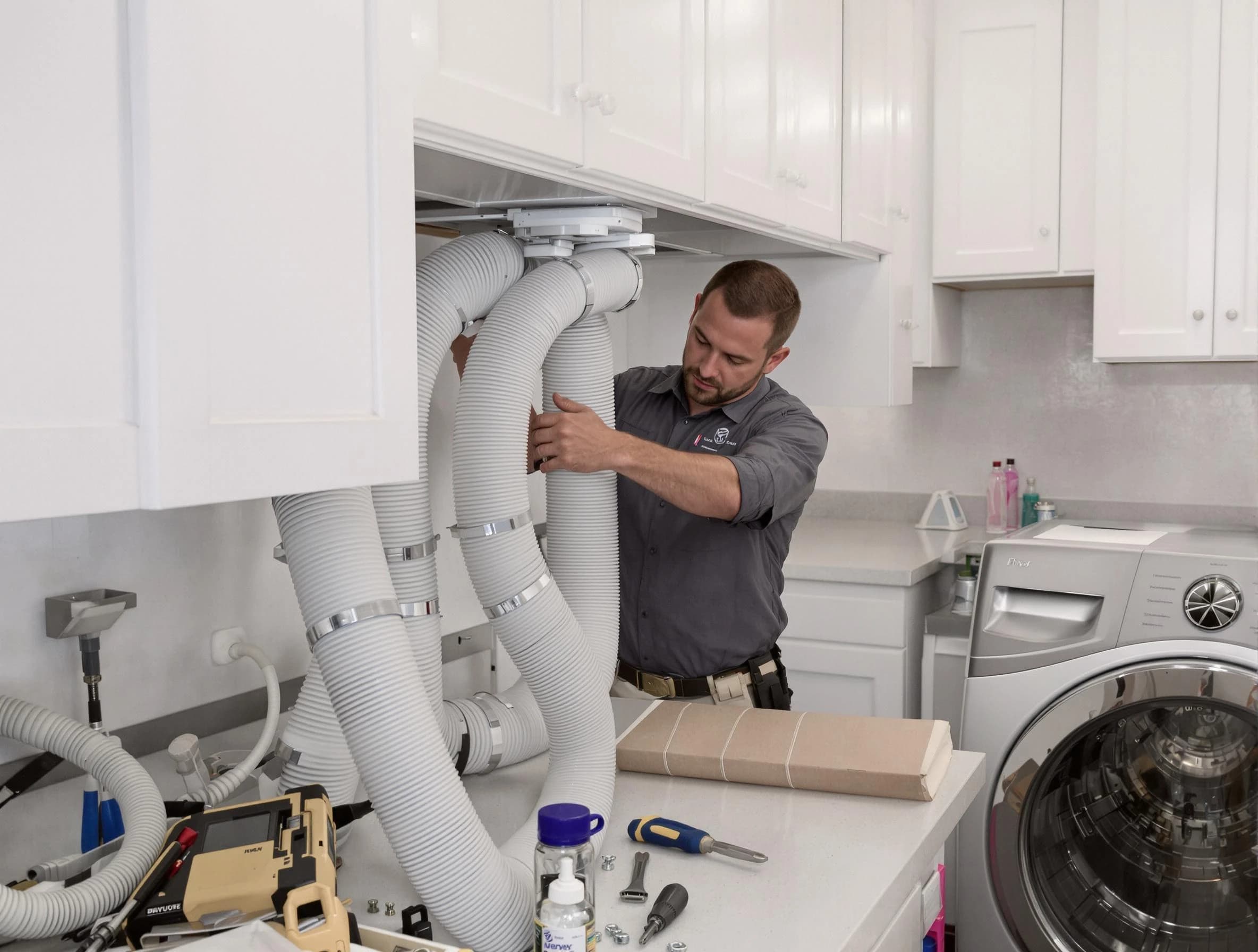 Sun Lakes Dryer Vent Cleaning technician installing a new professional-grade dryer vent hose in Sun Lakes